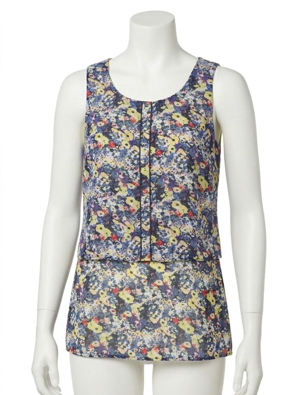 Cabi Positano Floral Tiered Sleeveless Blouse Blue Yellow Size Medium